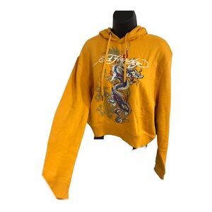 Ed Hardy marigold yellow mustard serpent tatto graphic print hoodie‎ size XL new